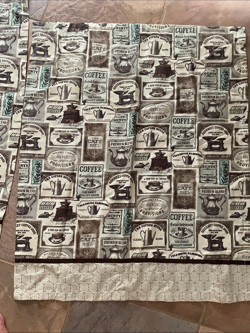 Coffee Print Kitchen Curtain Panels - Brown, Cream & Aqua Accents